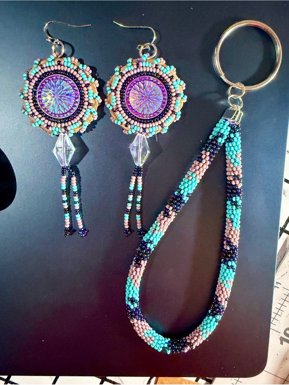 Handmade Turquoise & Mauve Beaded Earrings with Matching Keyring